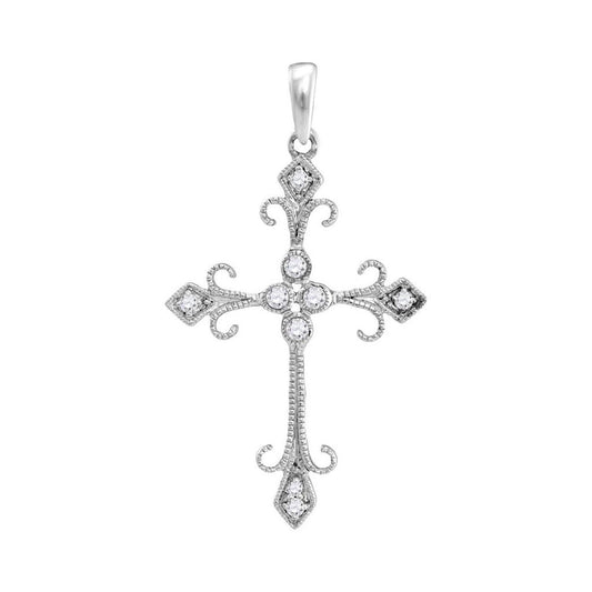 14k White Gold Round Diamond Cross Pendant 1/10 Cttw