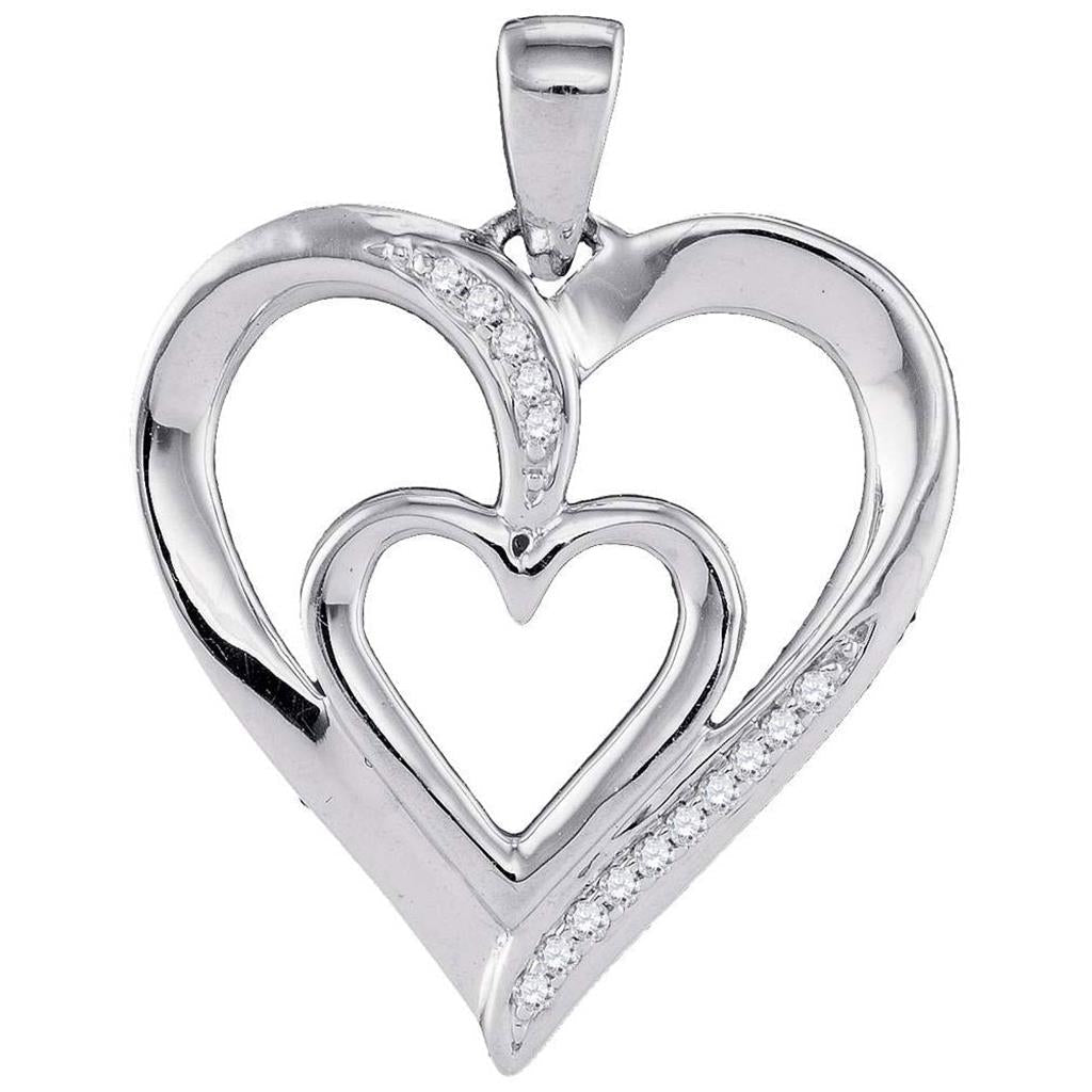 14k White Gold Round Diamond Double Nested Heart Pendant 1/20 Cttw