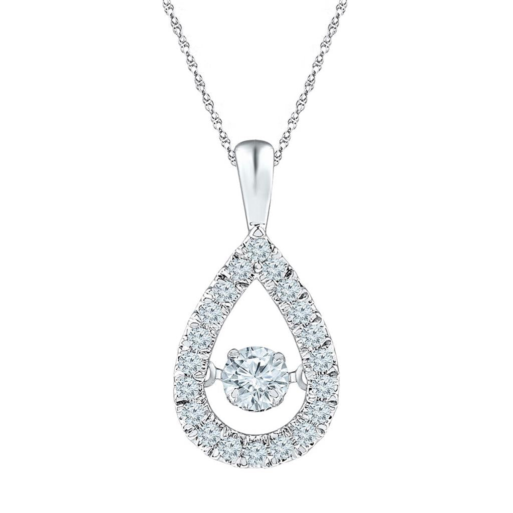 14k White Gold Round Diamond Moving Twinkle Solitaire Teardrop Pendant 3/8 Cttw