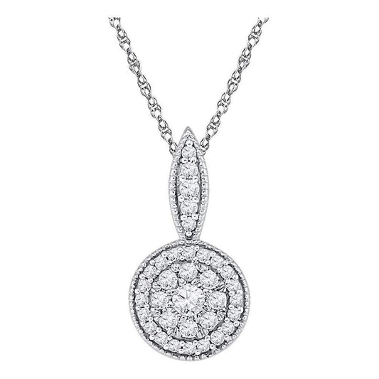 14k White Gold Round Diamond Circle Frame Flower Cluster Pendant 1/3 Cttw
