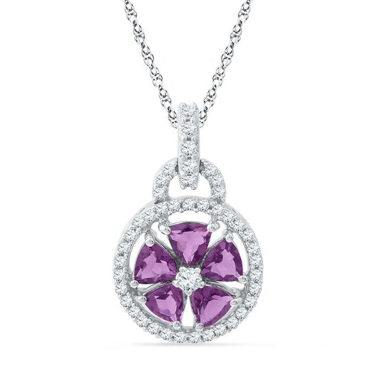14k White Gold Created Amethyst Flower Circle Pendant 1-1/2 Cttw