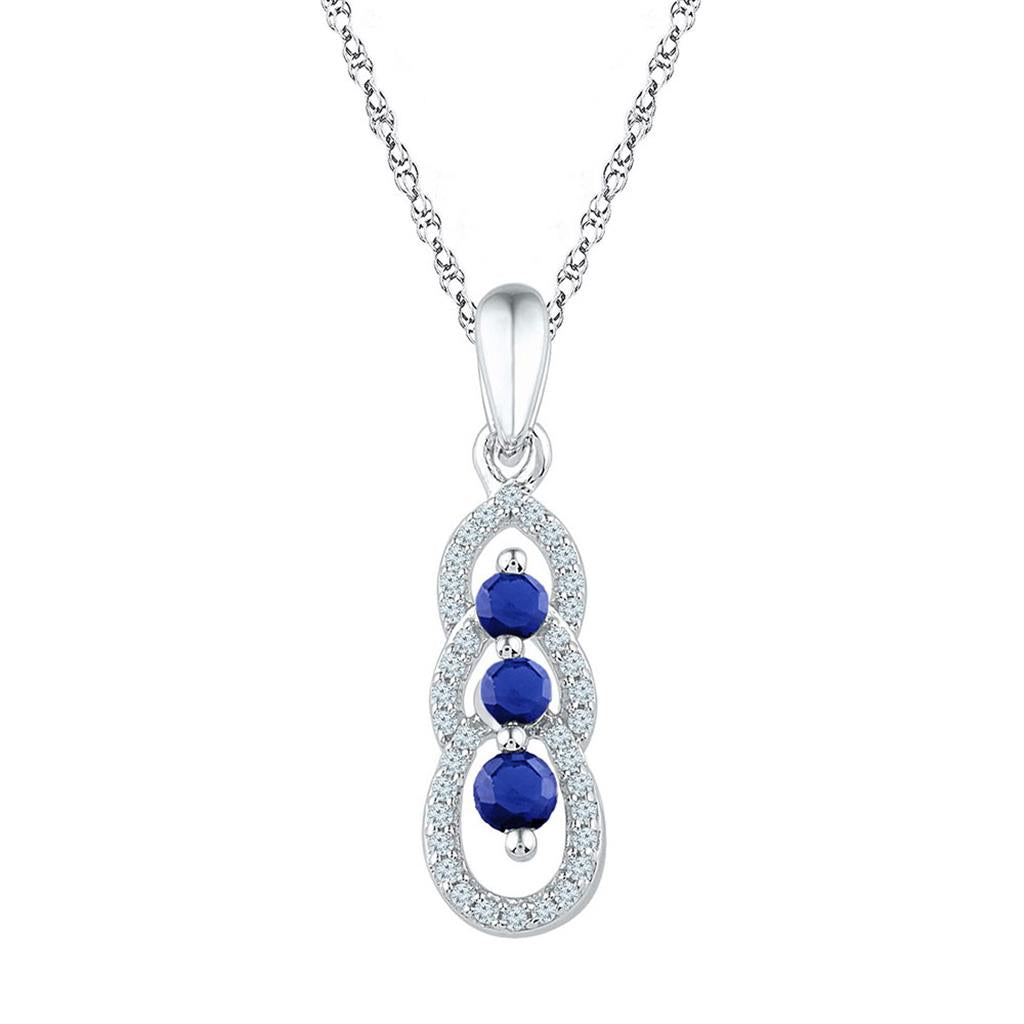 14k White Gold Round Created Blue Sapphire 3-stone Pendant 1/2 Cttw