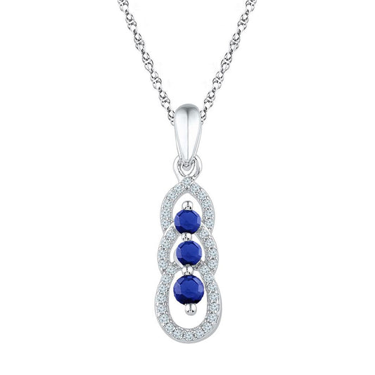 14k White Gold Round Created Blue Sapphire 3-stone Pendant 1/2 Cttw