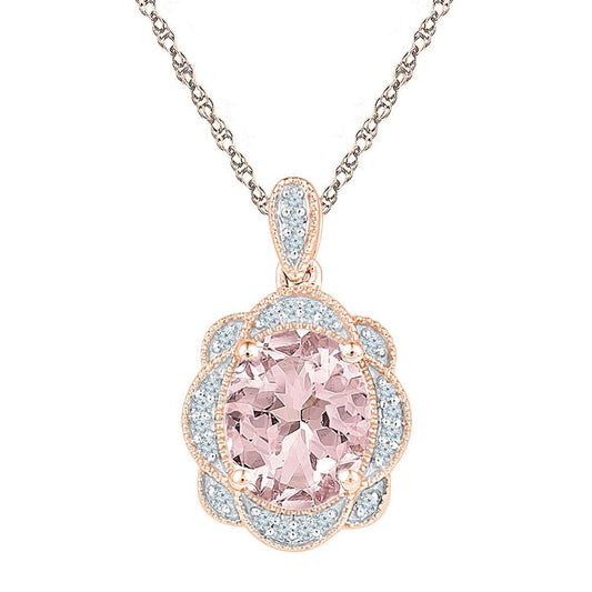 10k Rose Gold Oval Created Morganite Oval Diamond Pendant 2 Cttw
