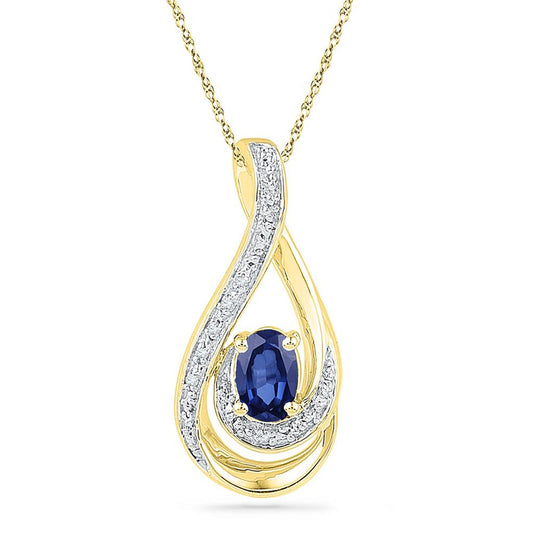 10k Yellow Gold Oval Created Blue Sapphire Solitaire Diamond Pendant .02 Cttw