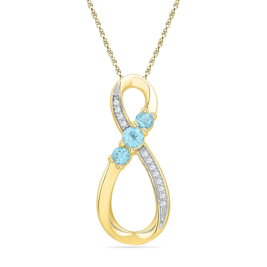 10k Yellow Gold Round Created Blue Topaz 3-Stone Infinity Pendant 1/5 Cttw