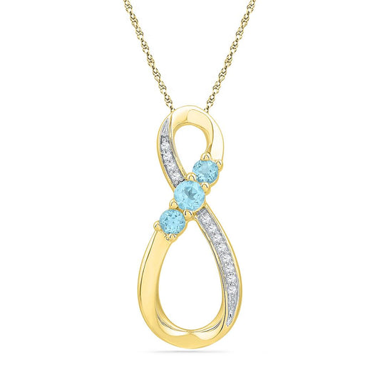 10k Yellow Gold Round Created Blue Topaz 3-Stone Infinity Pendant 1/5 Cttw