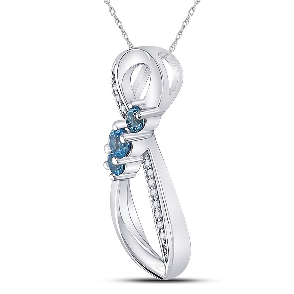 14k White Gold Round Created Blue Topaz 3-stone Pendant 3/8 Cttw