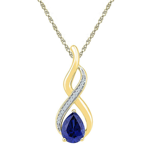 10k Yellow Gold Pear Created Blue Sapphire Solitaire Diamond Pendant 1-4/5 Cttw