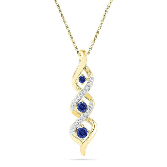 10k Yellow Gold Created Blue Sapphire Cascading 3-stone Pendant 1/3 Cttw