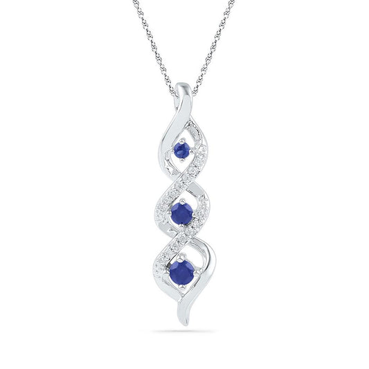 14k White Gold Created Blue Sapphire Cascading 3-stone Pendant 1/3 Cttw