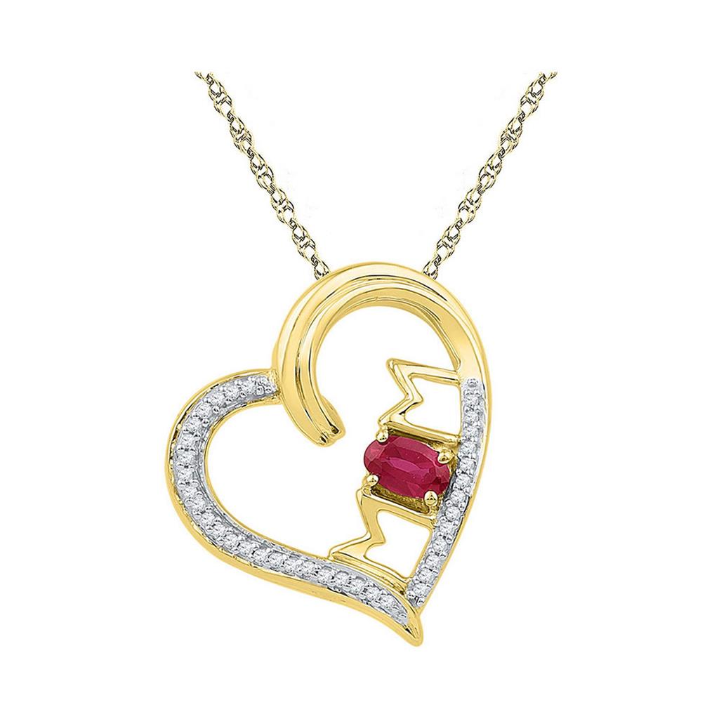 10k Yellow Gold Created Ruby Diamond Heart Mom Mother Love Pendant 5/8 Cttw