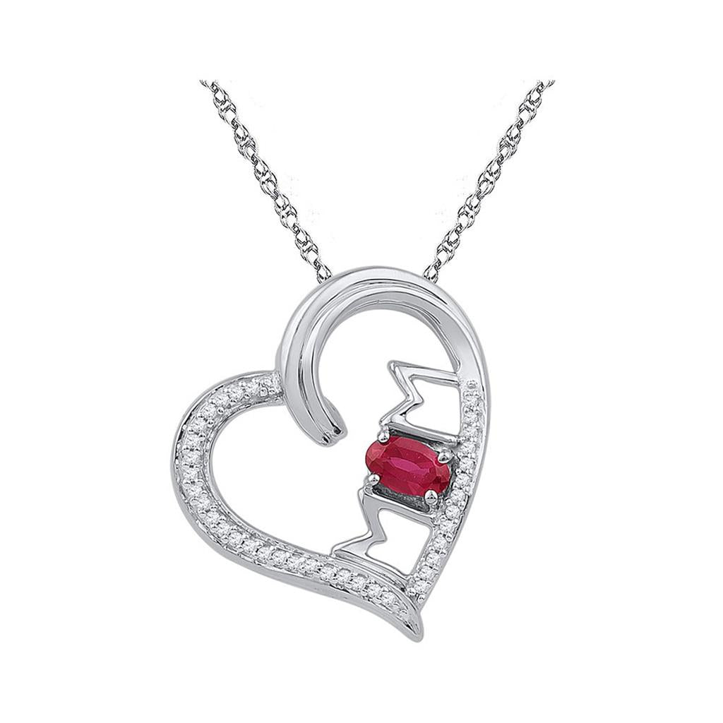 14k White Gold Created Ruby Diamond Heart Mom Mother Love Pendant 5/8 Cttw