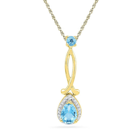 10k Yellow Gold Pear Created Blue Topaz Dangle Pendant 1/10 Cttw