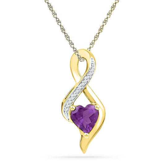 10k Yellow Gold Created Amethyst Heart Solitaire Infinity Pendant 1/20 Cttw