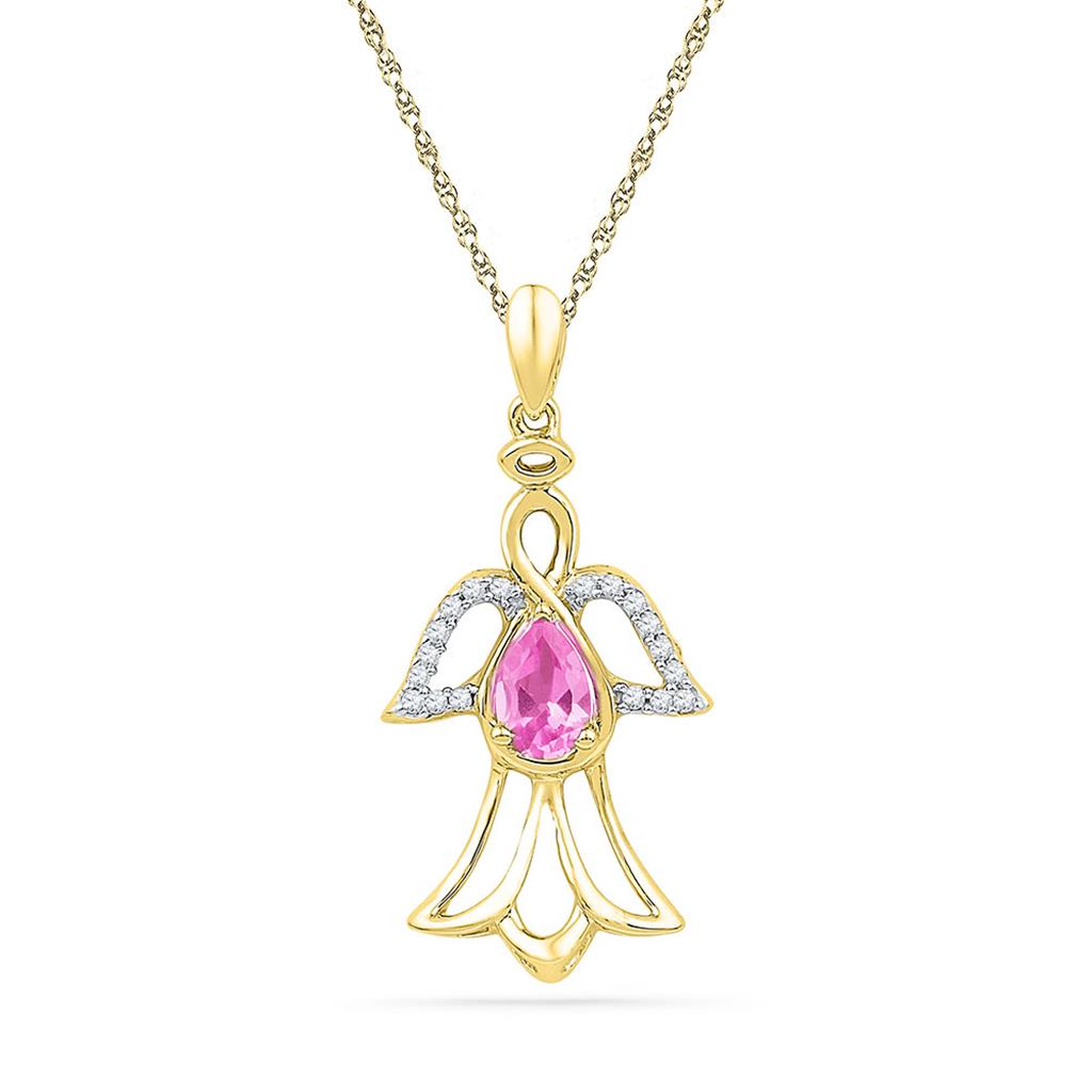 10k Yellow Gold Pear Created Pink Sapphire Angel Pendant 5/8 Cttw