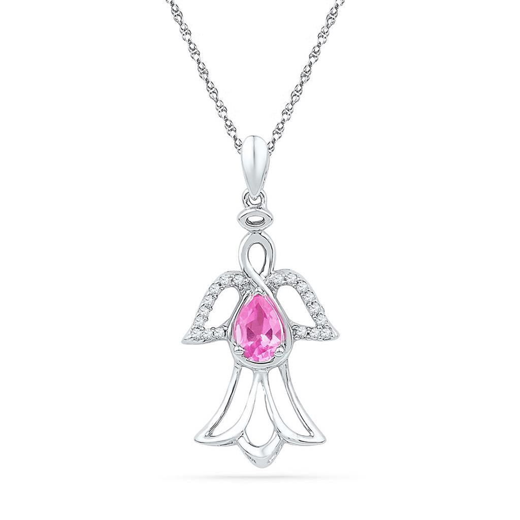 14k White Gold Pear Created Pink Sapphire Angel Pendant 5/8 Cttw