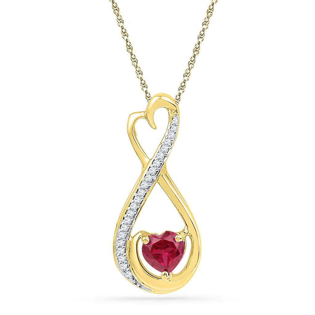 10k Yellow Gold Heart Created Ruby Solitaire Diamond Infinity Pendant 5/8 Cttw