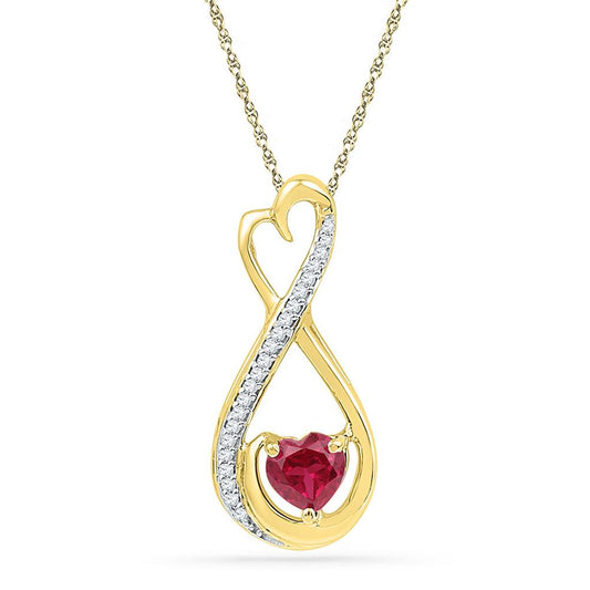 10k Yellow Gold Heart Created Ruby Solitaire Diamond Infinity Pendant 5/8 Cttw