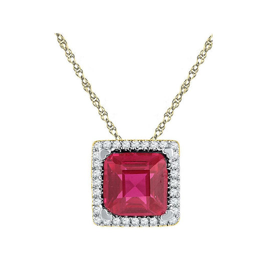 10k Yellow Gold Cushion Created Ruby Solitaire Diamond Pendant 1-7/8 Cttw