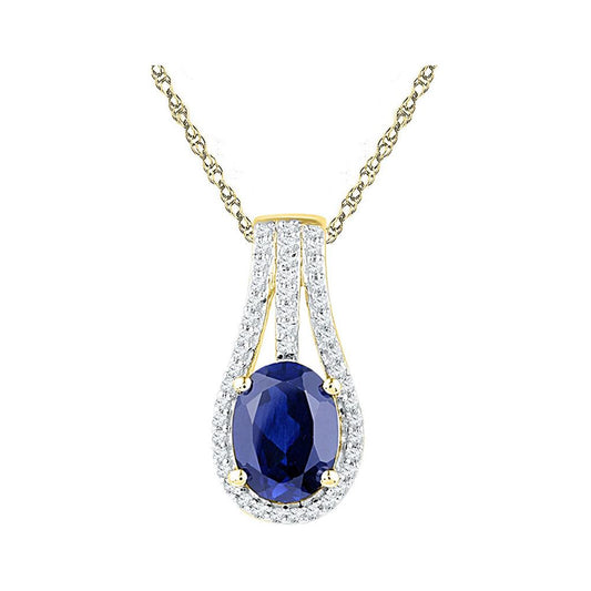 10k Yellow Gold Oval Created Blue Sapphire Solitaire Pendant 1-3/4 Cttw