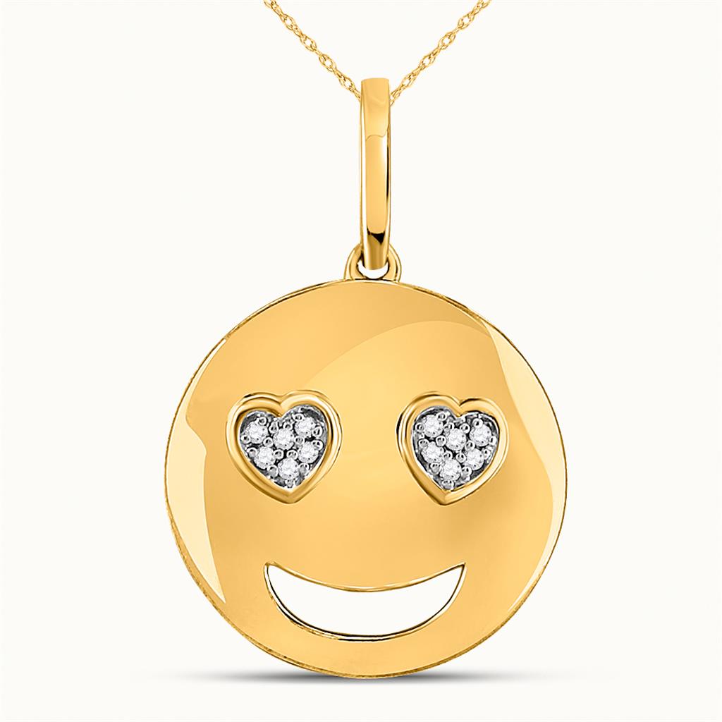 10kt Yellow Gold Round Diamond Smiley Heart Eyes Emoji Pendant .03 Cttw