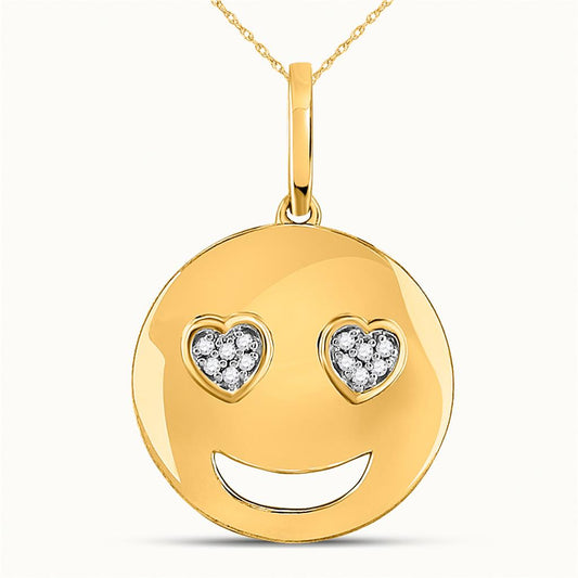 10kt Yellow Gold Round Diamond Smiley Heart Eyes Emoji Pendant .03 Cttw