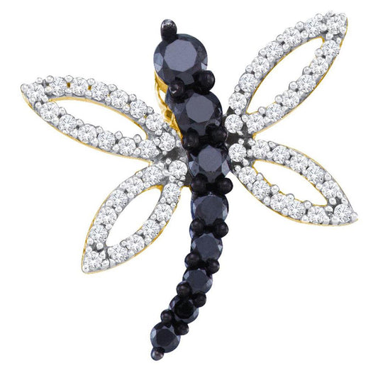 10k Yellow Gold Round Black Diamond Dragonfly Pendant 1/2 Cttw