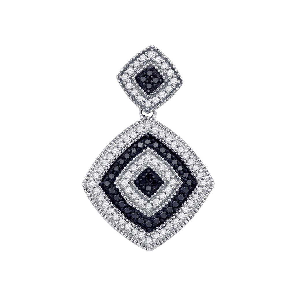 14k White Gold Black Diamond Concentric Square Pendant 1/3 Cttw