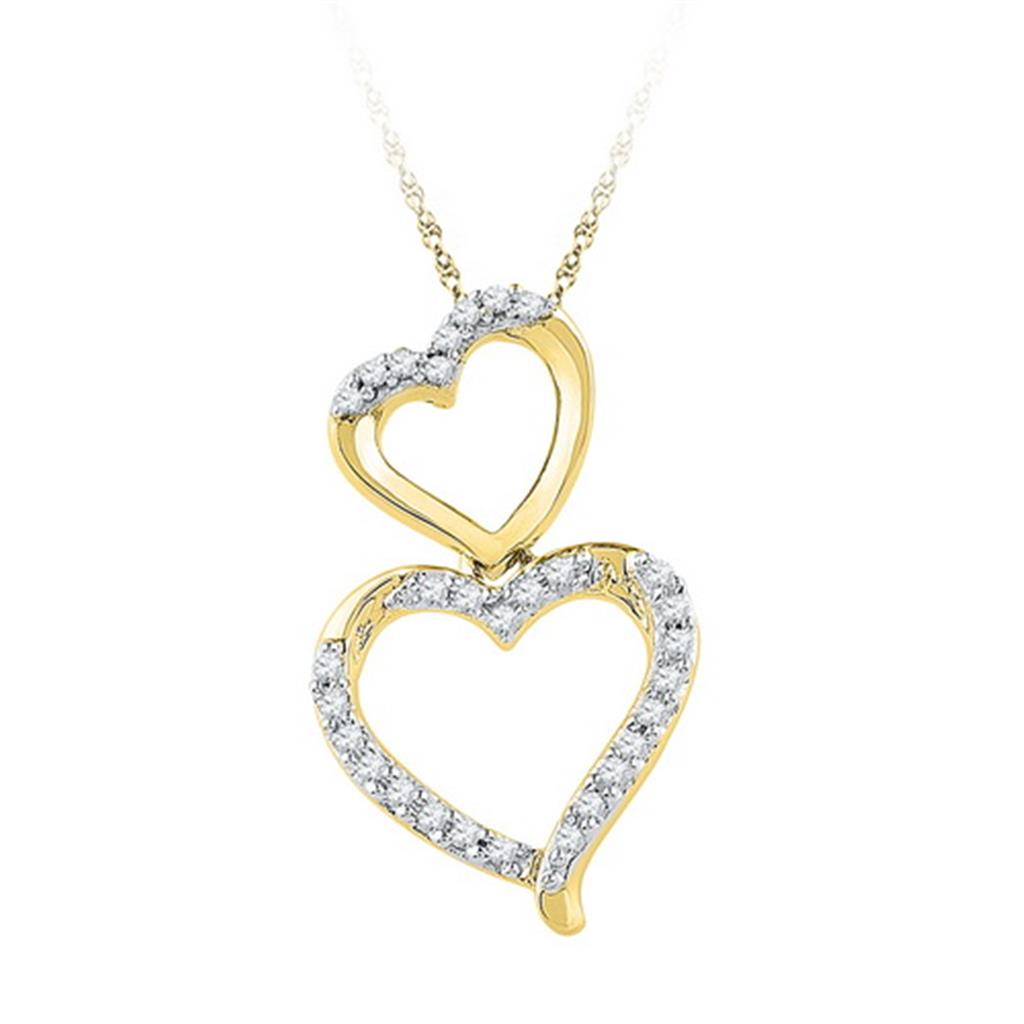 10k Yellow Gold Round Diamond Double Stacked Heart Pendant 1/6 Cttw