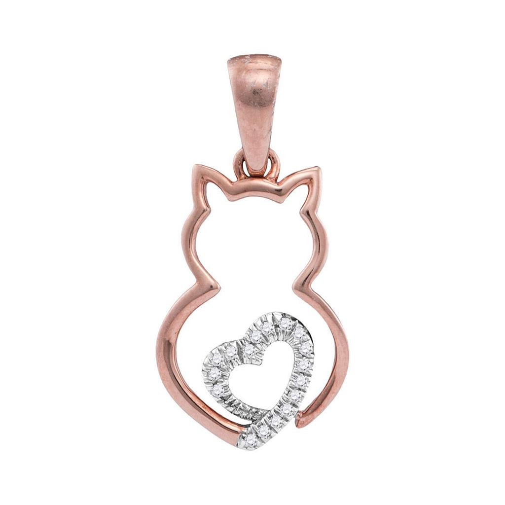 10k Two-tone Rose Gold Round Diamond Kitty Cat Animal Pendant 1/20 Cttw