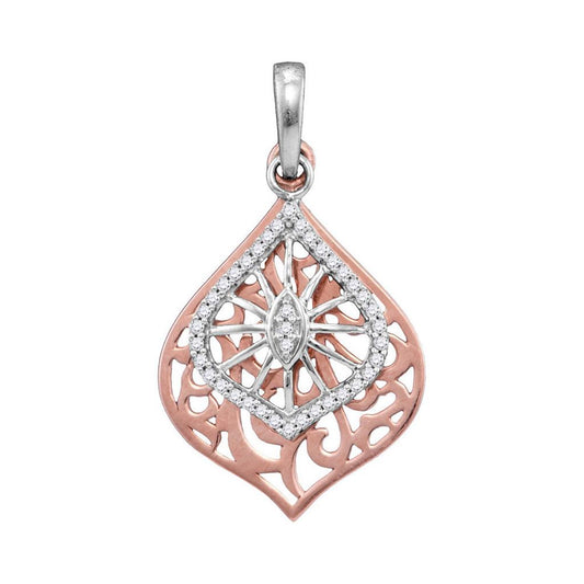 10k Two-tone Gold Round Diamond Openwork Wide Oval Pendant 1/8 Cttw