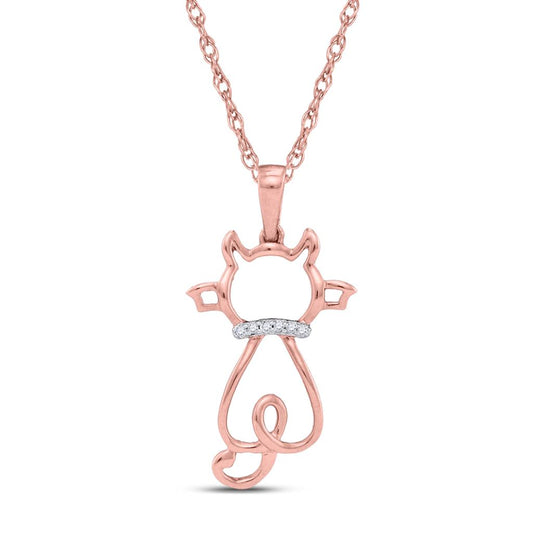 10k Rose Gold Round Diamond Kitty Cat Animal Pendant .02 Cttw