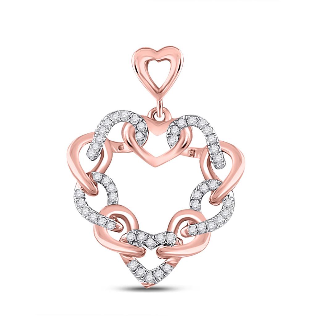 10k Rose Gold Round Diamond Link Heart Pendant 1/6 Cttw