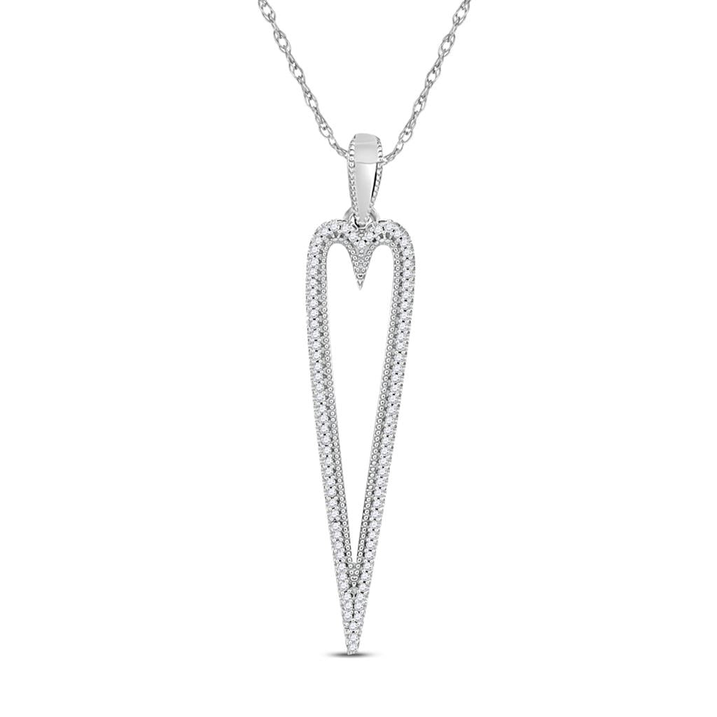 14k White Gold Round Diamond Narrow Heart Outline Pendant 1/5 Cttw