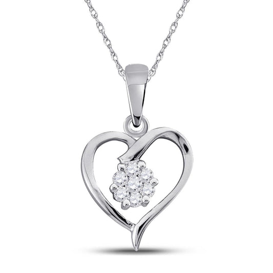 14k White Gold Round Diamond Flower Cluster Heart Pendant 1/12 Cttw