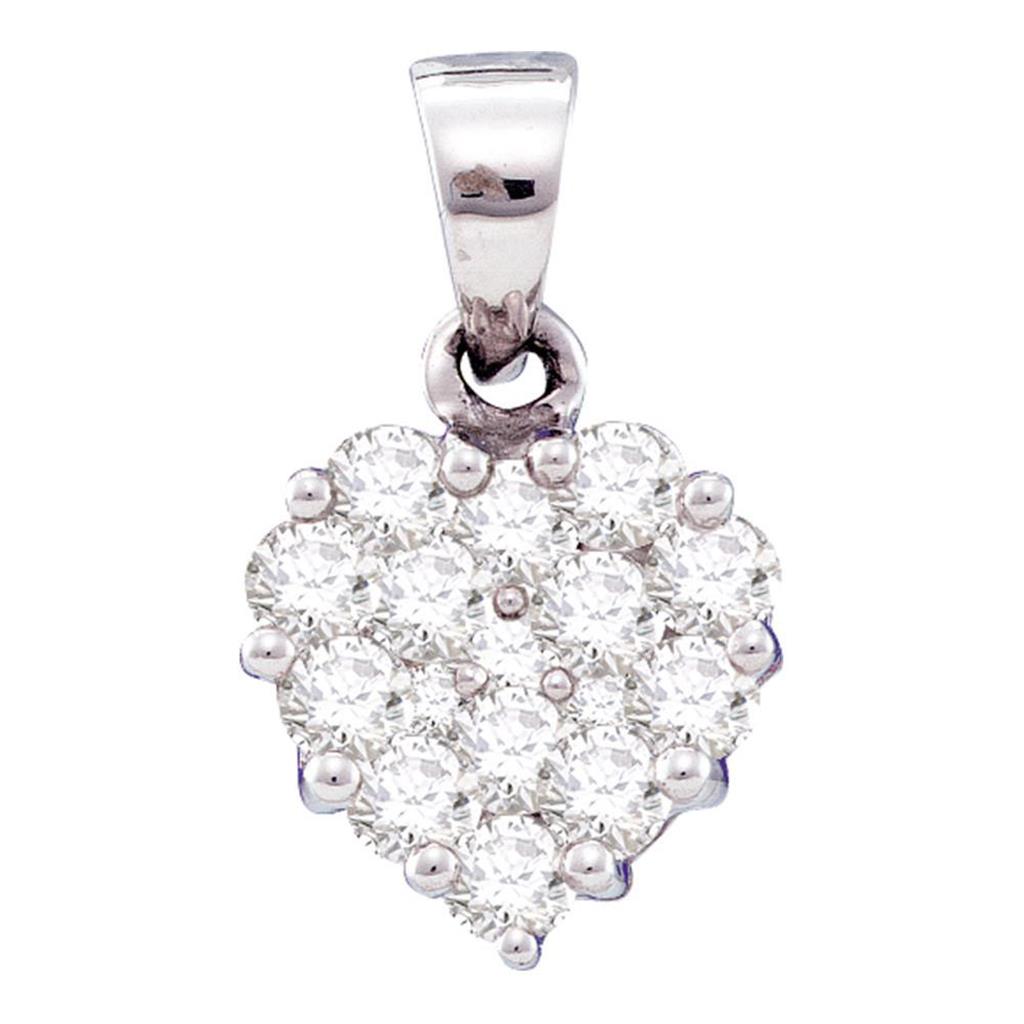 14k White Gold Round Diamond Small Heart Cluster Pendant 1/2 Cttw