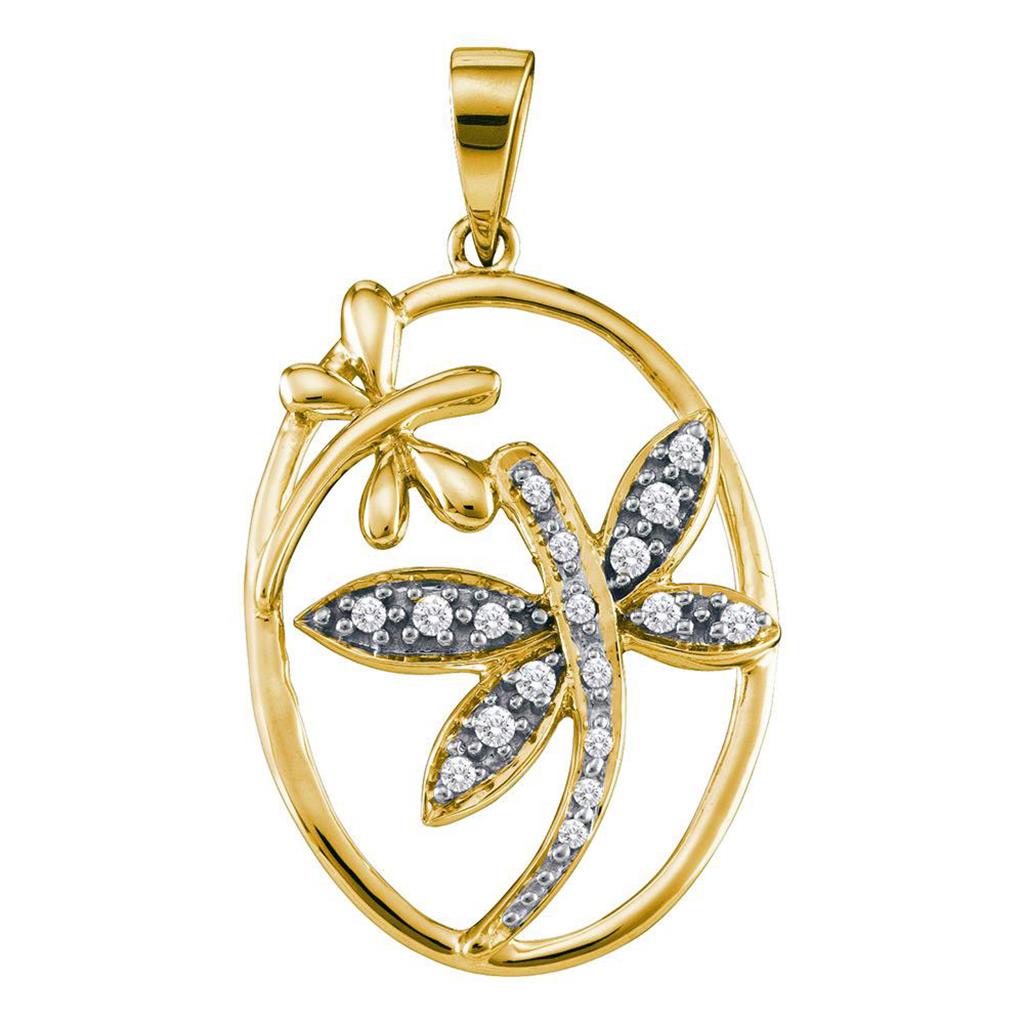 14k Yellow Gold Round Diamond Dragonfly Bug Oval Frame Pendant 1/8 Cttw