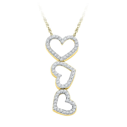 10k Yellow Gold Round Diamond Triple Cascading Heart Outline Pendant 1/5 Cttw
