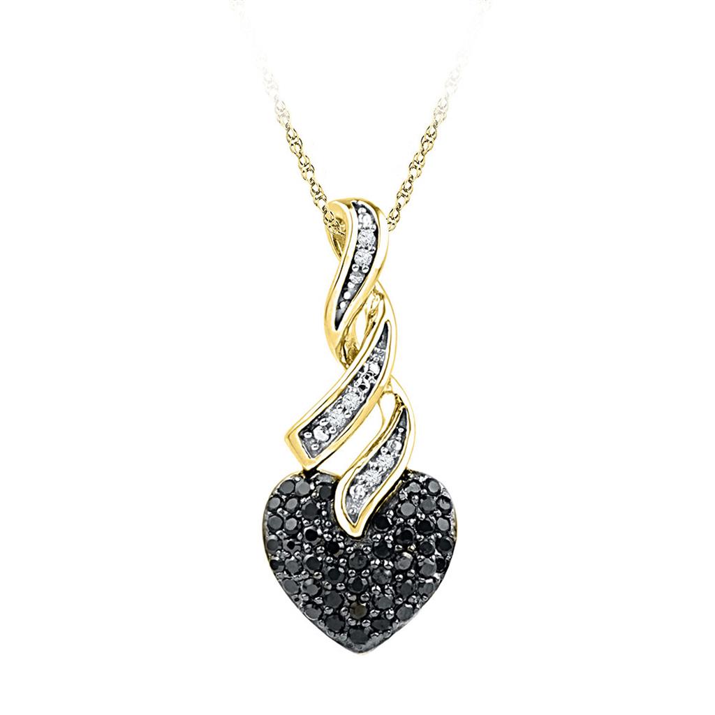 10k Yellow Gold Round Black Diamond Heart Pendant 1/3 Cttw