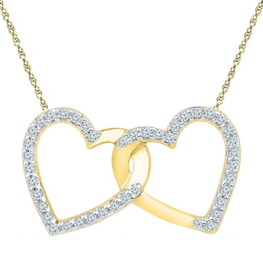 10k Yellow Gold Round Diamond Double Linked Heart Pendant 1/6 Cttw