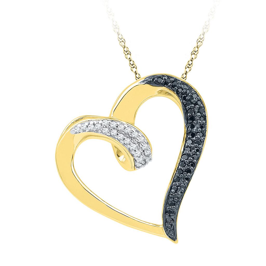 10k Yellow Gold Round Black Diamond Heart Pendant 1/6 Cttw