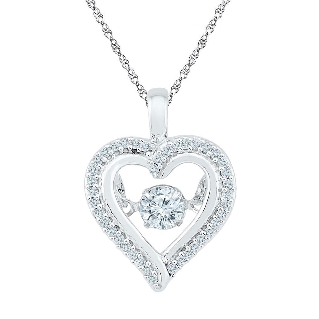 14k White Gold Round Moving Twinkle Diamond Heart Outline Pendant 1/4 Cttw