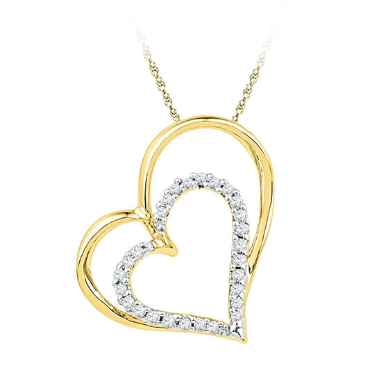 10k Yellow Gold Round Diamond Double Heart Outline Pendant 1/8 Cttw