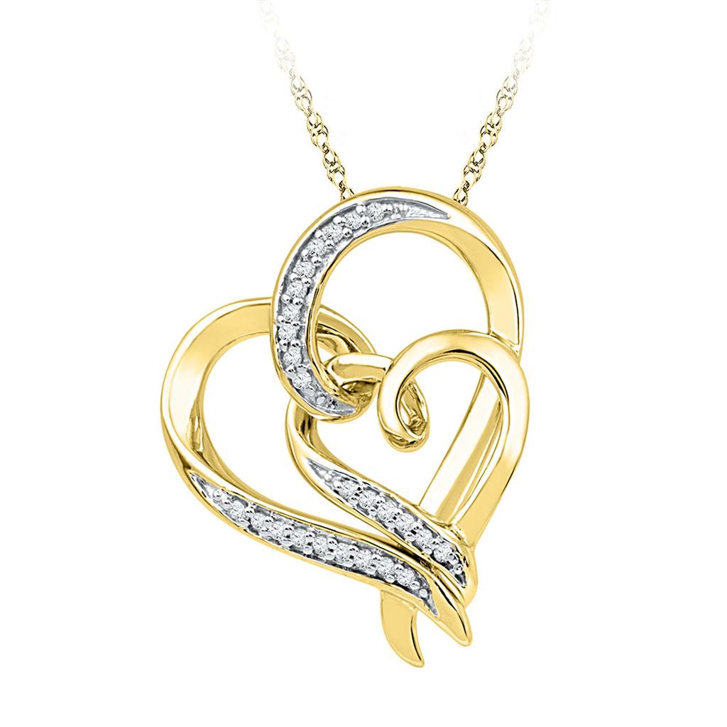 10k Yellow Gold Round Diamond Double Linked Heart Pendant 1/10 Cttw