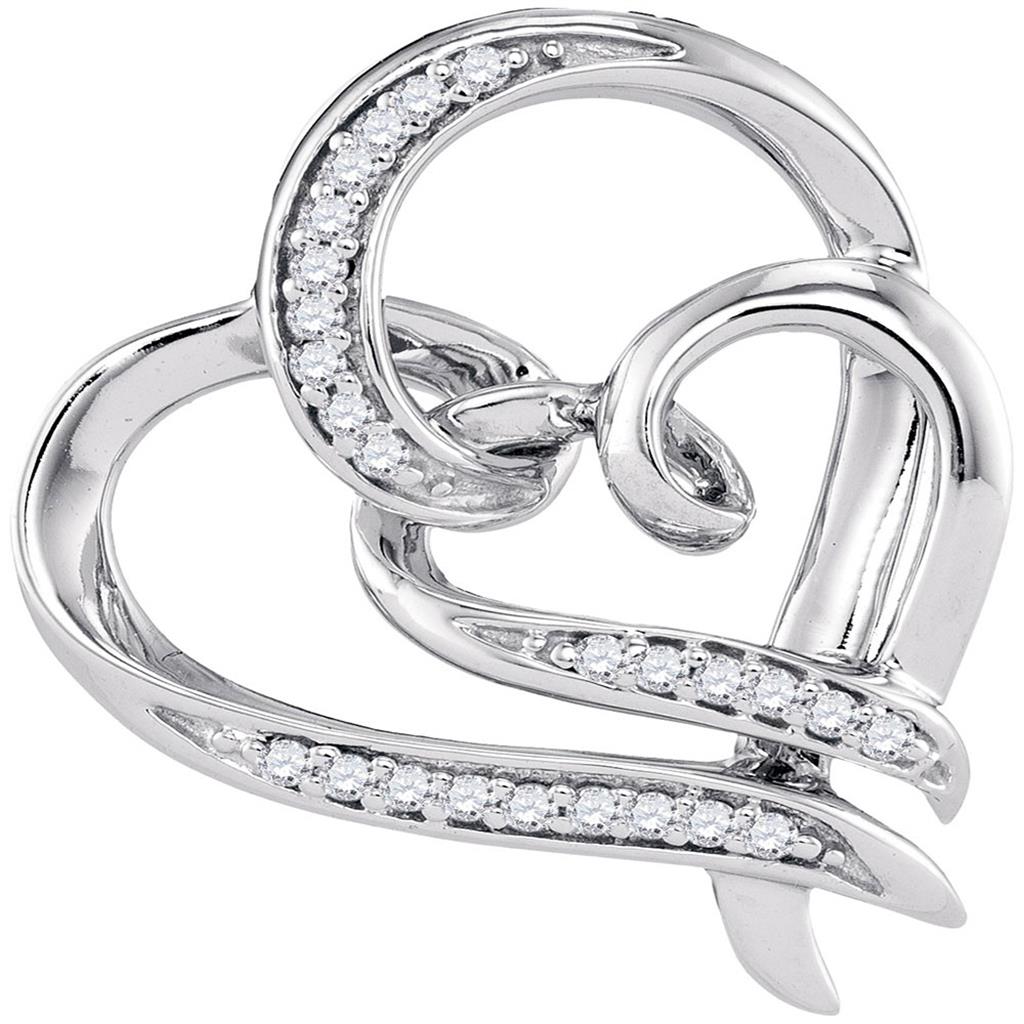 14k White Gold Round Diamond Linked Double Heart Pendant 1/10 Cttw