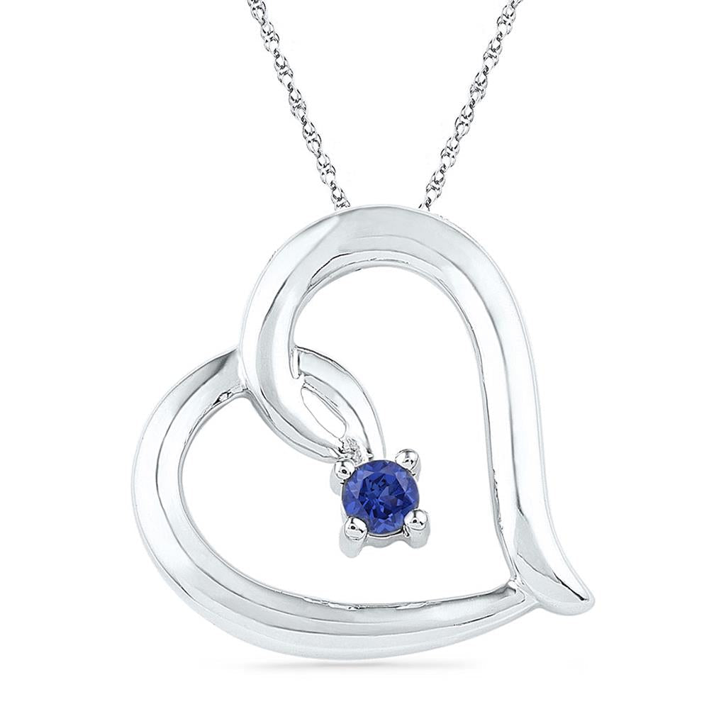 14k White Gold Round Created Blue Sapphire Heart Pendant 1/8 Cttw