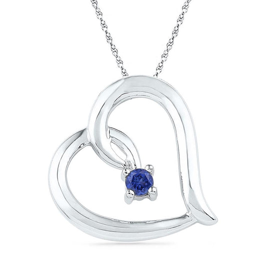 14k White Gold Round Created Blue Sapphire Heart Pendant 1/8 Cttw