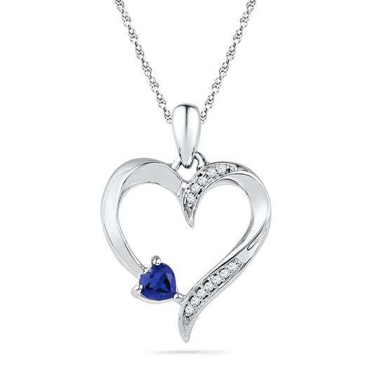 14k White Gold Round Created Blue Sapphire Heart Pendant 1/20 Cttw