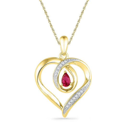 10k Yellow Gold Pear Created Ruby Diamond Heart Pendant 1/20 Cttw